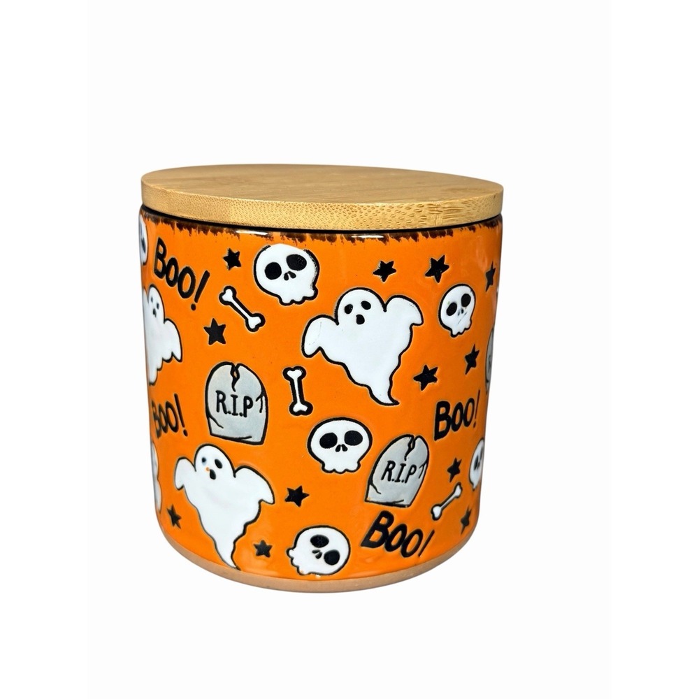 Eli + Ana Halloween Ghost Ceramic Canister Jar Bamboo Lid Orange Boo RIP 4"